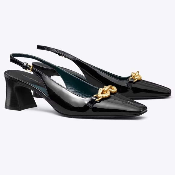 Tory Burch Black and Gold Patten Leather Flats with Chain Detail size 8 - Picture 2 of 9